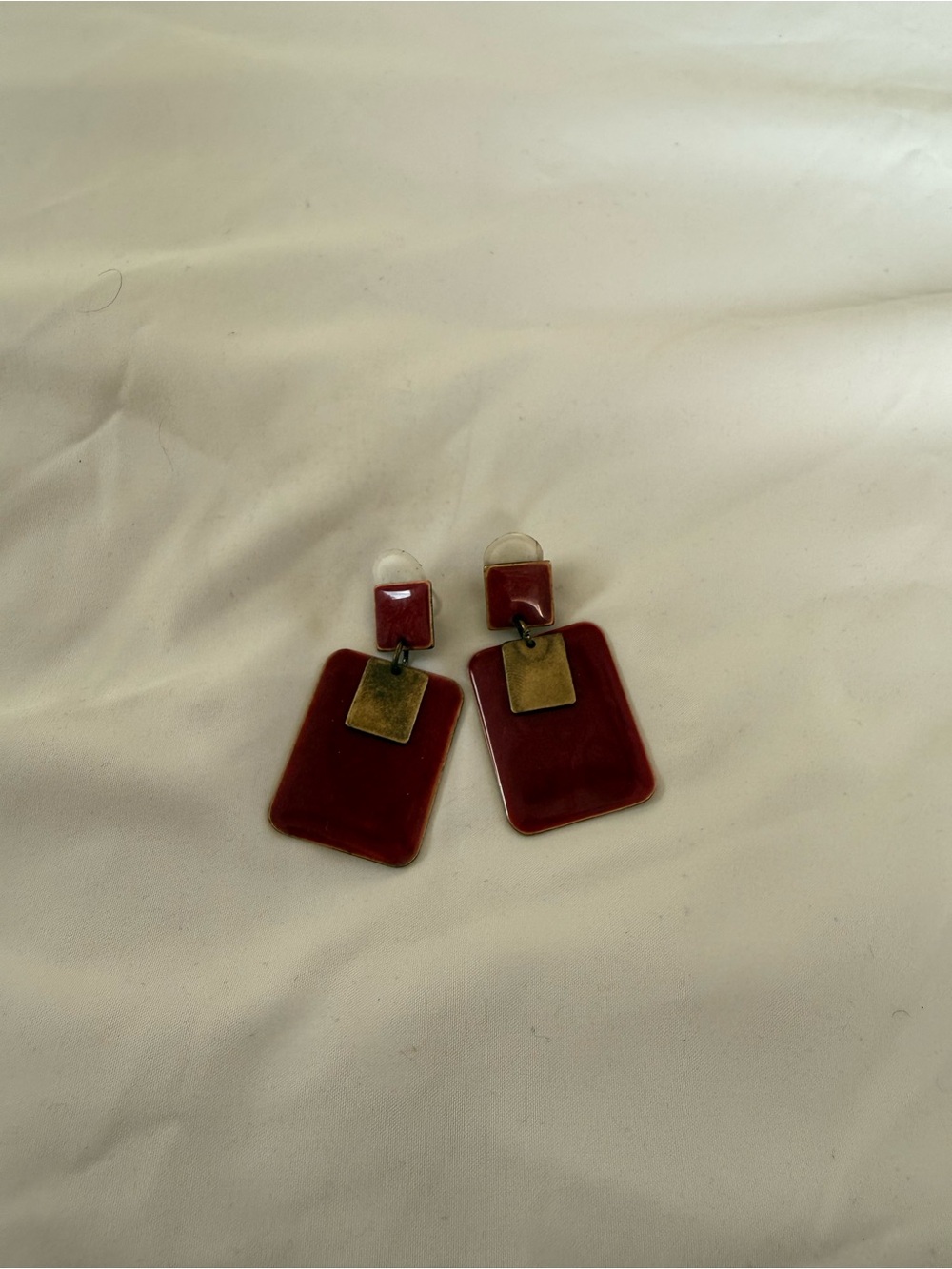 Vintage Red Geometric Drop Clip Earrings